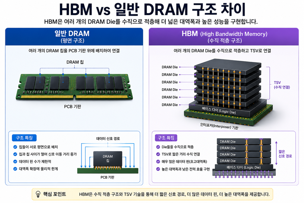 HBM vs 일반 DRAM 구조 차이 — 수직 적층 HBM vs 평면 배치 DRAM