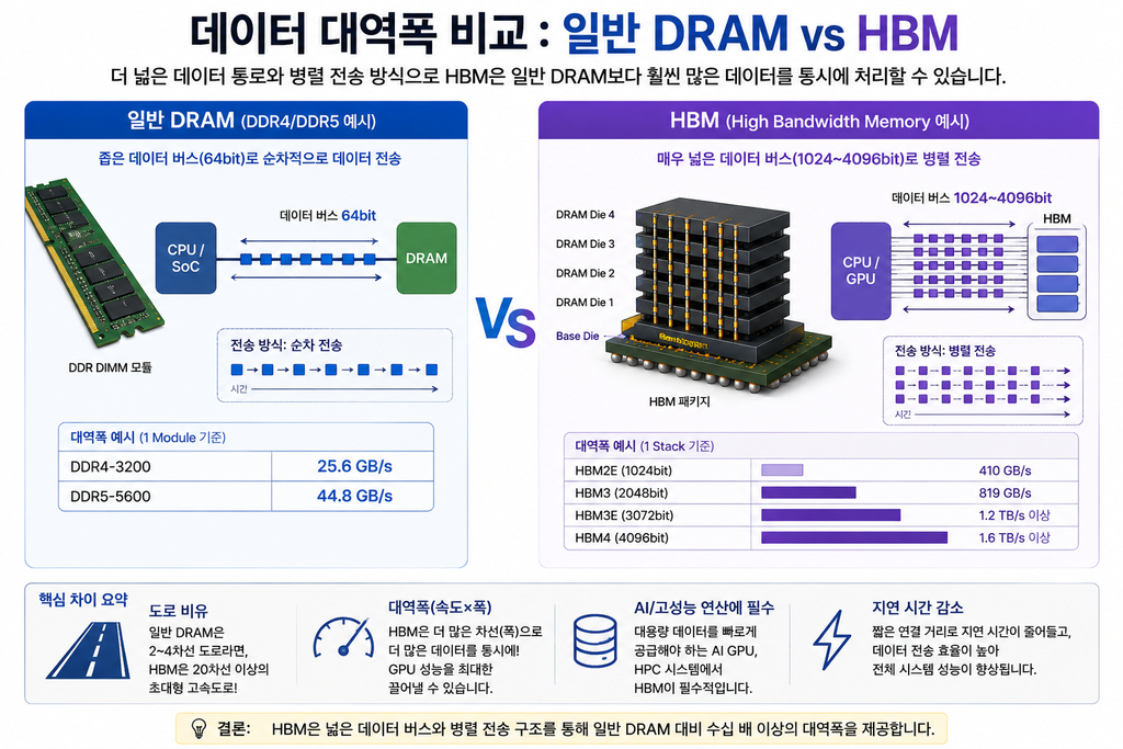 데이터 대역폭 차이 — 일반 DRAM의 좁은 데이터 통로 vs HBM의 초고대역폭